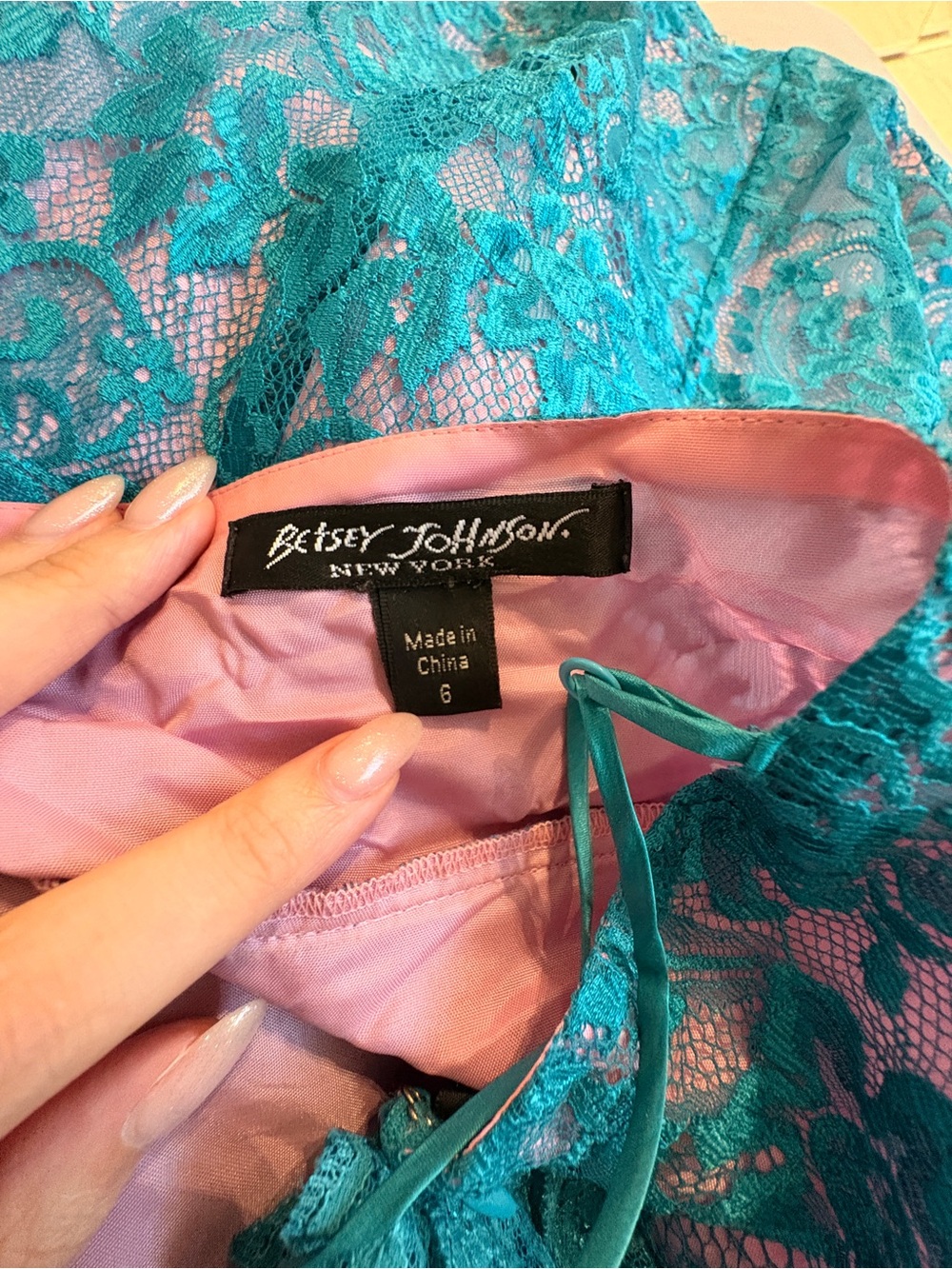 Vintage Betsey Johnson Teal Lace Midi Dress - Picture 6 of 8